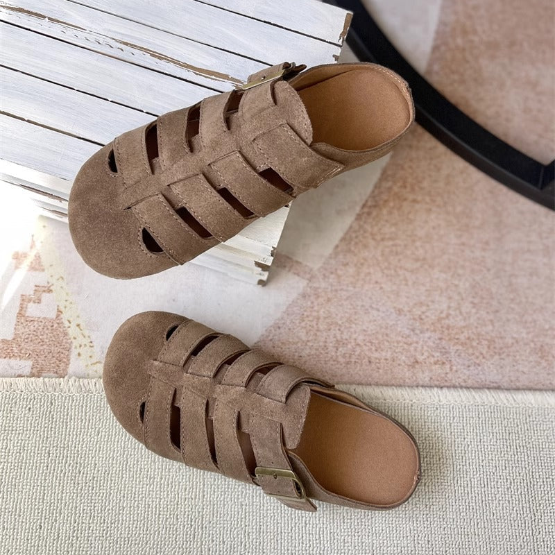 Women's Suede Round Toe Hollowed Out Casual Buckle Mule