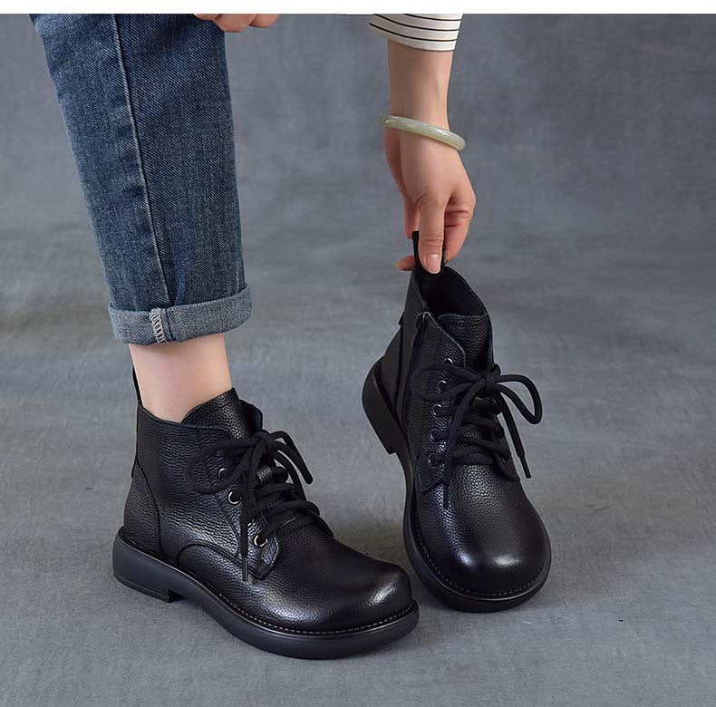 Women's Vintage Leather Ankle Boots Zipper Lace Up Flat Combat Booties