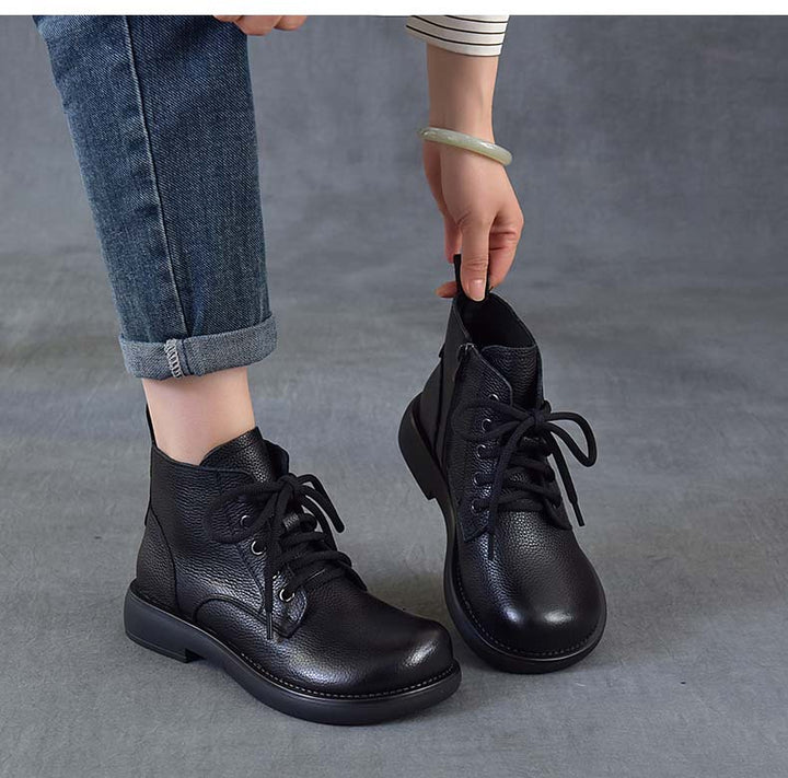 Women's Vintage Leather Ankle Boots Zipper Lace Up Flat Combat Booties