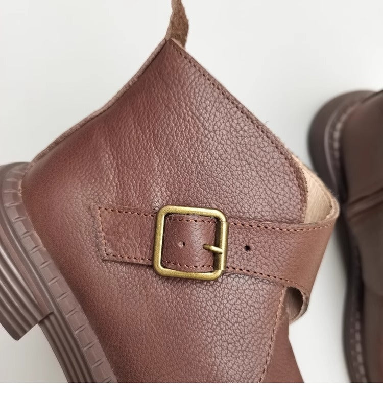 Genuine Leather Women's Ankle Boots - Big Toe Box Platform Work Boots