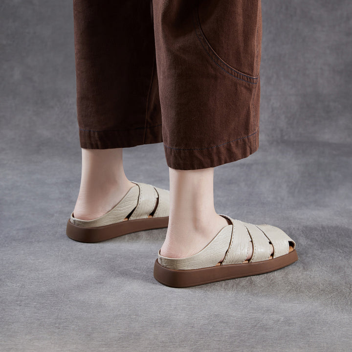 Women's Leather Mules - Multi-Strap Woven Closed Flat Sandals Casual Summer Slip-On Slides