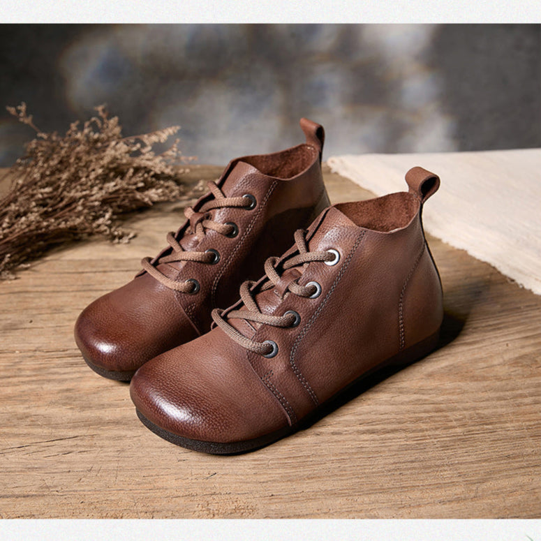 Vintage Women's Leather Lace-Up Ankle Boots – Casual Everyday Shoes