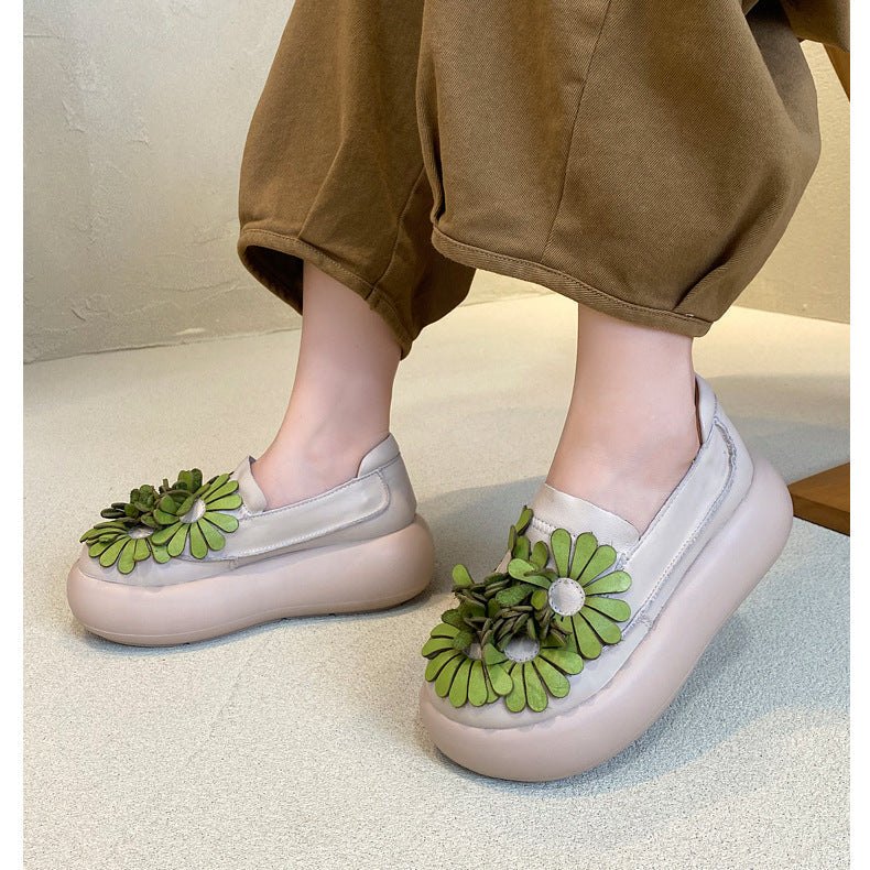 Women’s Handmade Leather Floral Ethnic Style Platform Shoes – Retro Casual Flats