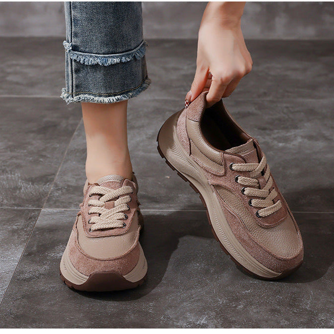 Women's Non-Slip Leather Platform Sneakers – Retro Chunky Sole Design