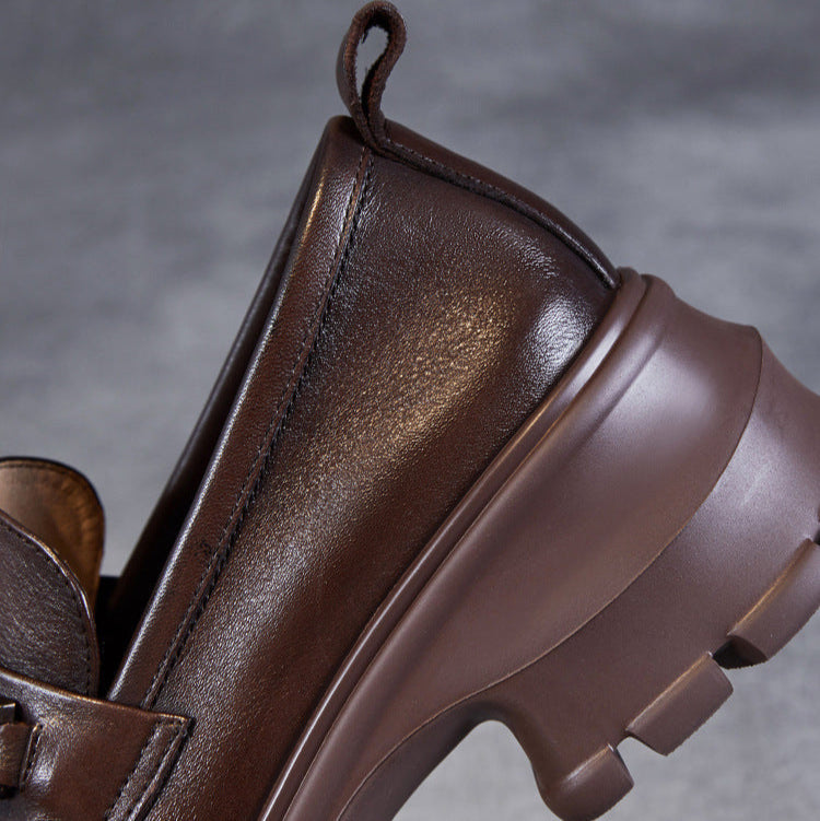 Women's Genuine Leather Platform Loafers - Chunky Heel with Metallic Hardware Details
