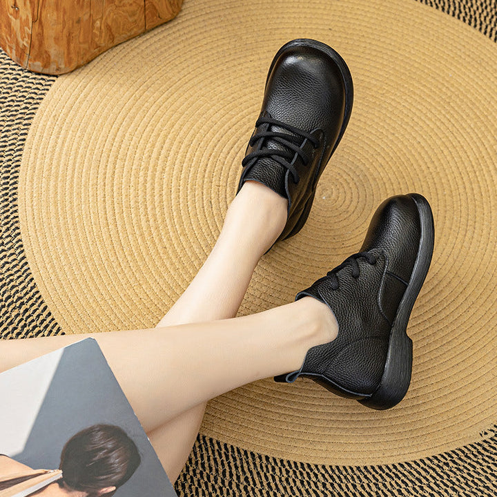 Women's Leather Oxfords - Pebble Grain Textured Round Toe Lace-Up Casual Shoes Comfort Walking Flats