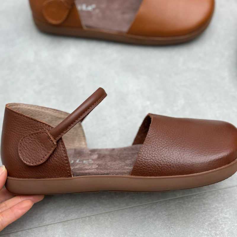 Women’s Retro Leather Closed Toe Sandals – Soft Flat Single Strap Casual Style