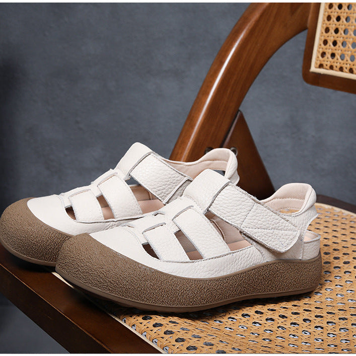 Women's Leather Sporty Fisherman Sandals - Closed Round Toe Casual Summer Walking Shoes with Velcro