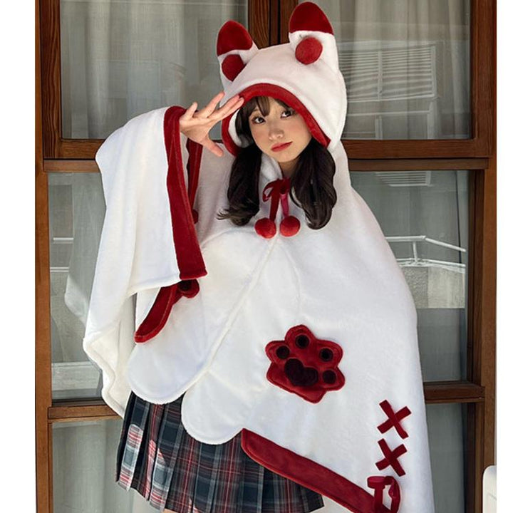 Japanese Kawaii Cartoon Fox Paw Plush Hooded Blanket