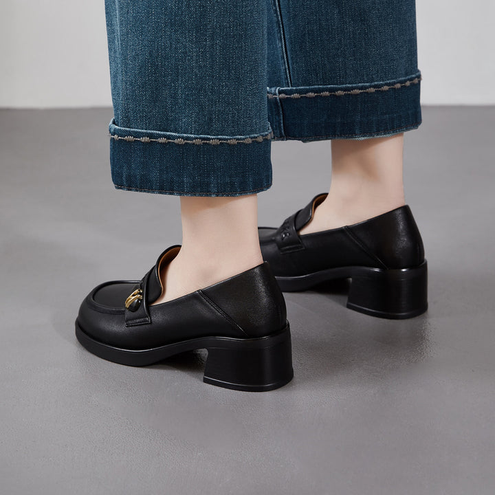 Women's Retro Sheepskin Loafers Vintage Round Toe Woven Strap Chunky Heels