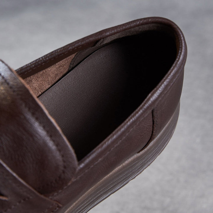 Women’s Leather Slip-On Loafers – Vintage Low Wedge Comfort Shoes