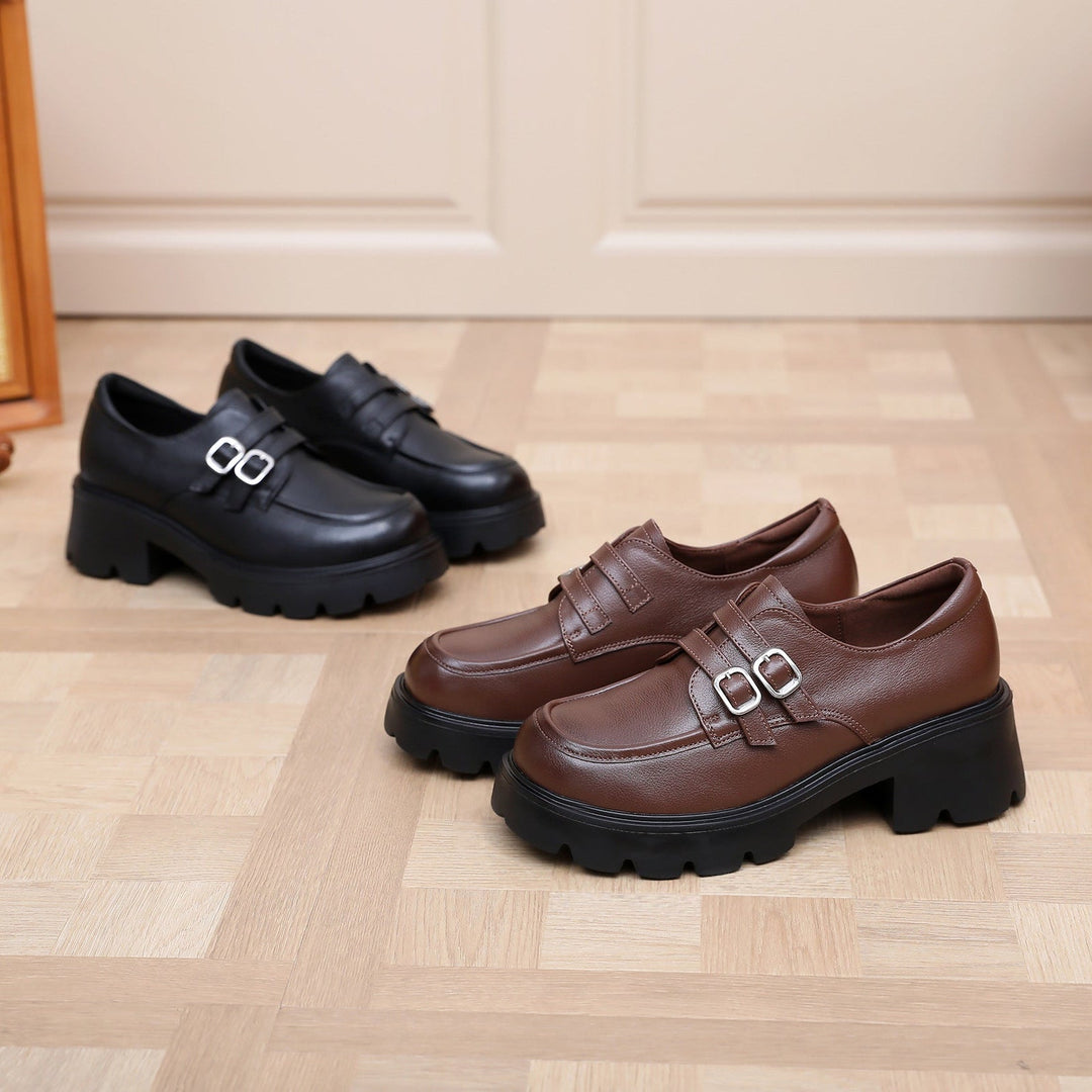 Women's Chunky Platform Loafers - Leather Shoes with EVA Outsole - Double Buckle Detail