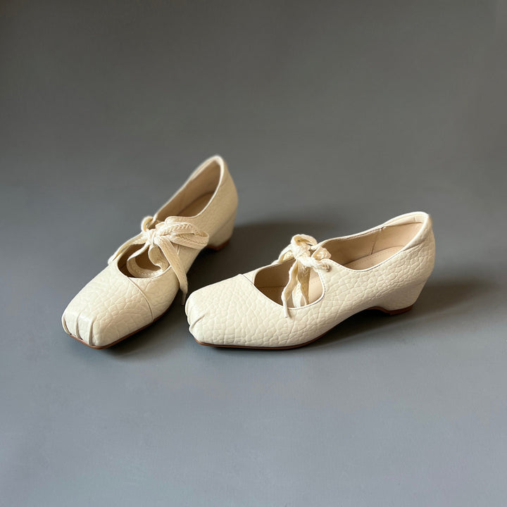 Women's Lychee Pattern Leather Ballet Flats - Square Toe Ribbon Lace-Up Mary Jane Pumps