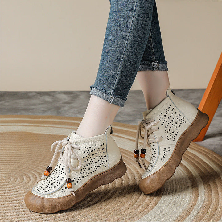 Women's Leather Ankle Sandals Boots Retro Lace-Up Vintage Hollow-Out Casual Summer Flats