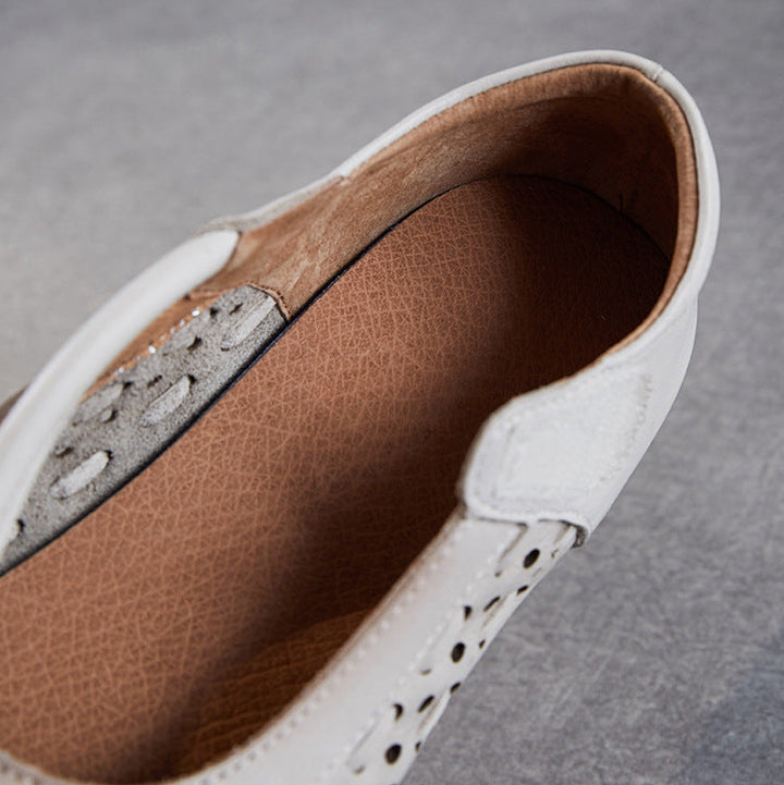Women's Leather Mary Jane Sandals - Vintage Perforated Cut-Out Closed Round Toe Flat Shoes with Velcro