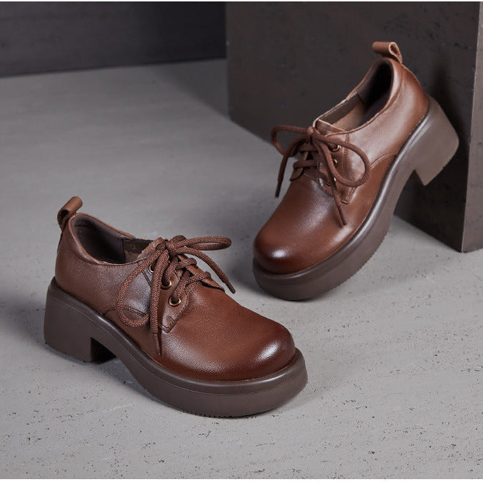 Women's Retro Leather Oxford Shoes Vintage Round Toe Platform Lace-up Chunky Heels