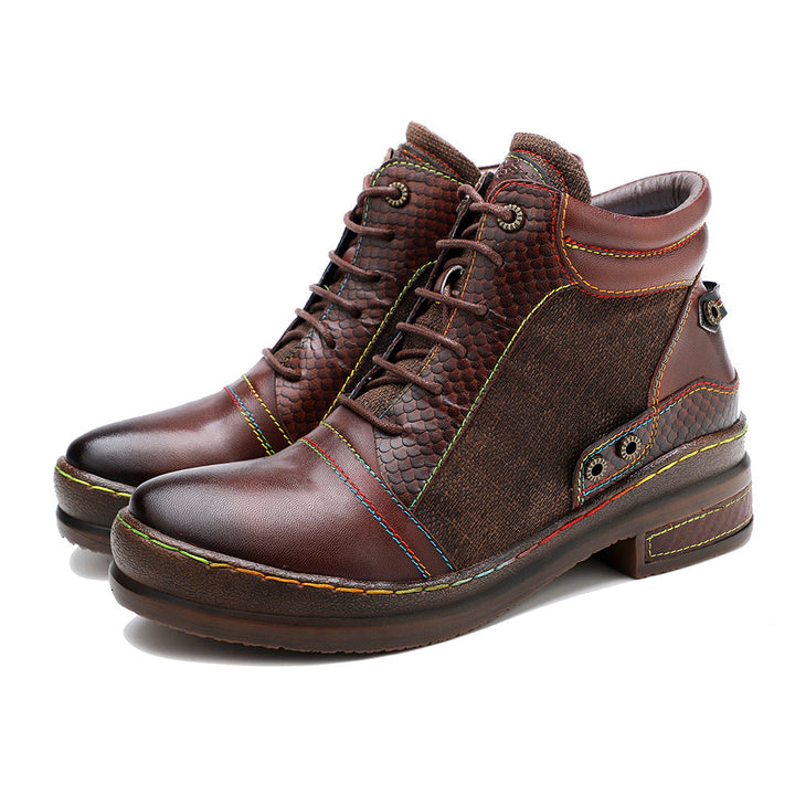 Women's Leather Ankle Boots - Contrast Stitching Flat Lace-up Zipper Boots