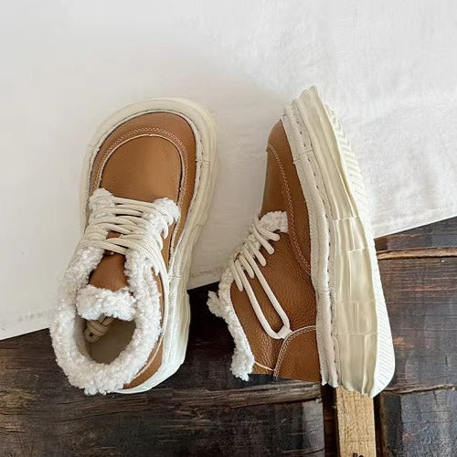 Women's Winter Chunky Leather Lace-Up Shoes – Fleece-Lined & Ugly-Cute Design