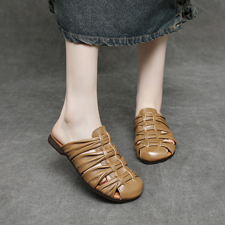 Women's Soft Leather Mules - Ruched Woven Closed Toe Flat Sandals Casual Slip-On Slide Slippers