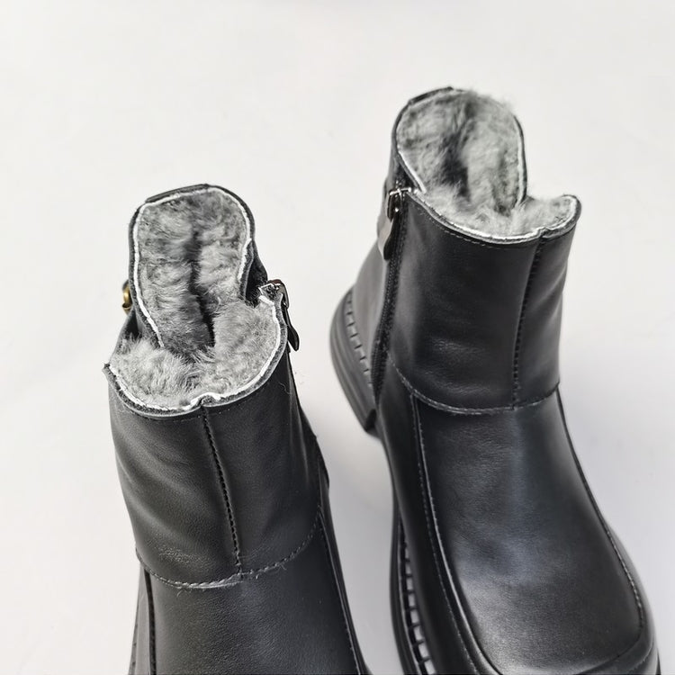 Women's Vintage Wide Toe Leather Derby Boots – Shearling Lined Winter Ankle Boots