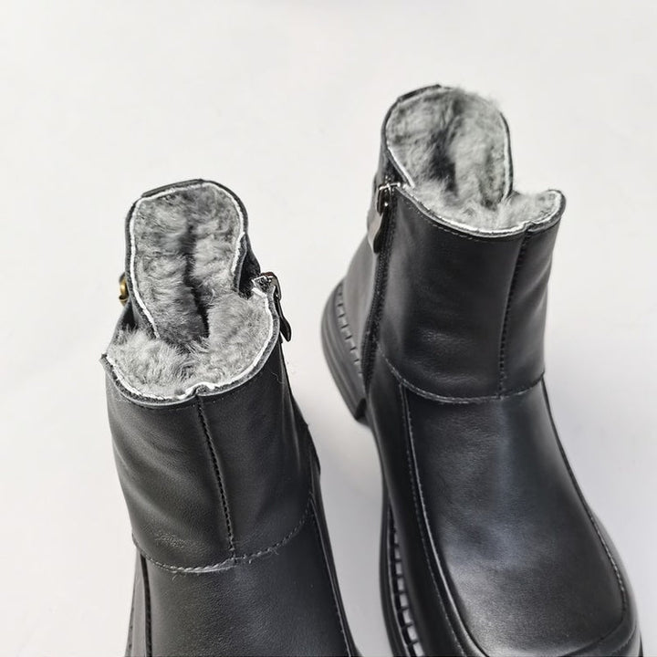 Women's Vintage Wide Toe Leather Derby Boots – Shearling Lined Winter Ankle Boots