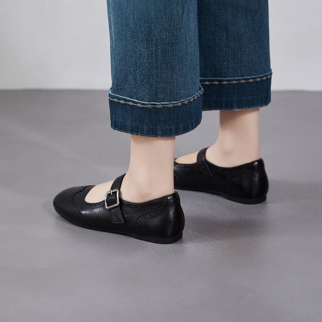 Women's Vintage British Style Leather Mary Janes - Hand-Punched Brogue Details - Soft Walking Shoes