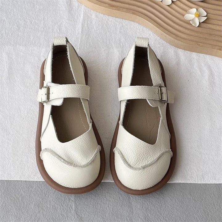 Women's Soft Leather Flat Mary Jane Shoes – Round Toe with Patchwork Design