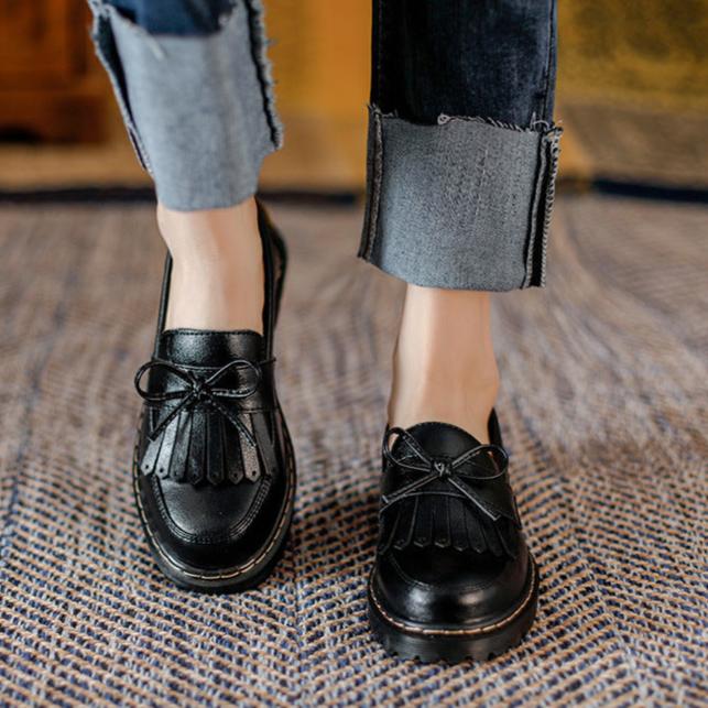 Womens British Style Retro Loafers With Bow Tassel