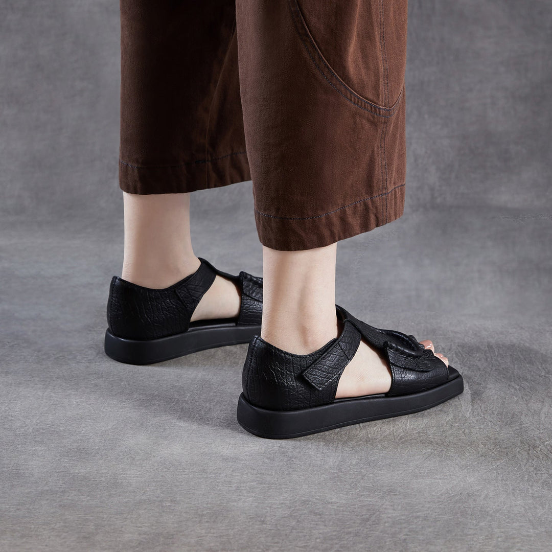 Women's Square Toe Platform Sandals Open Toe Retro Velcro Leather Ruffled Casual Summer Flats