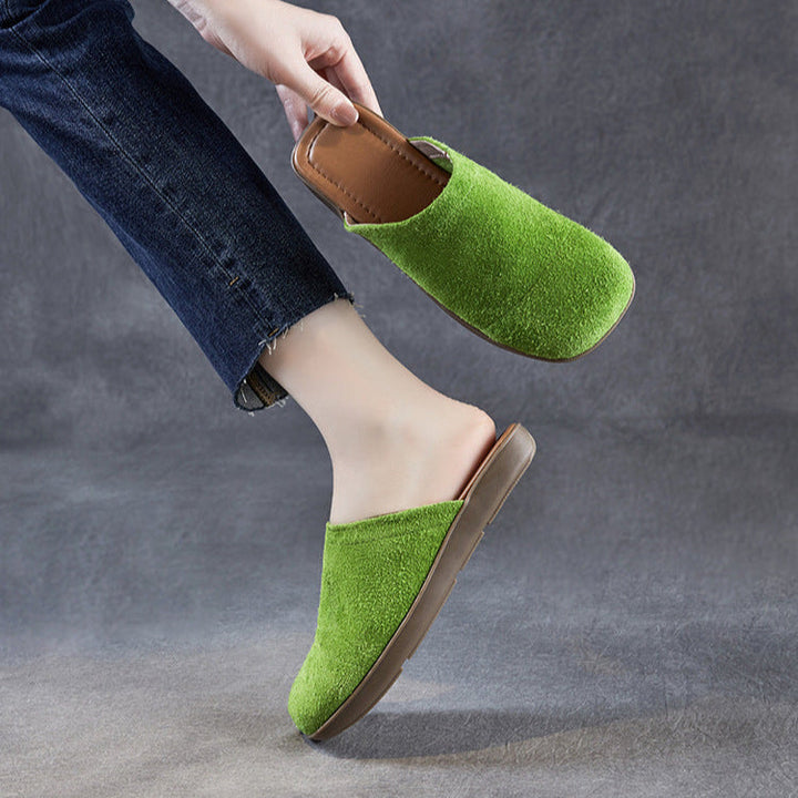 Women's Minimalist Nubuck Mules - Round-Toe Flat with Slip-On Ease