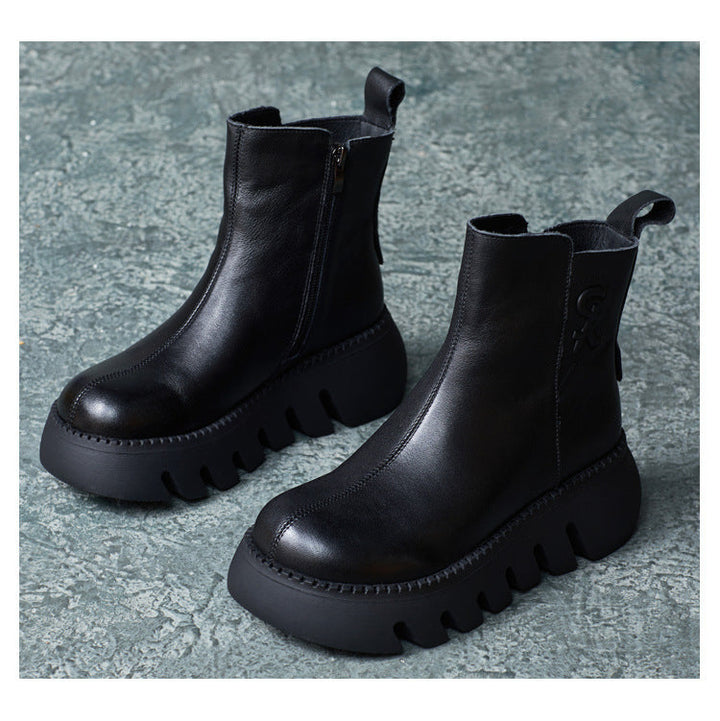Women's Vintage Cowhide Platform Ankle Booties Round Toe Rubber Sole Winter Boots