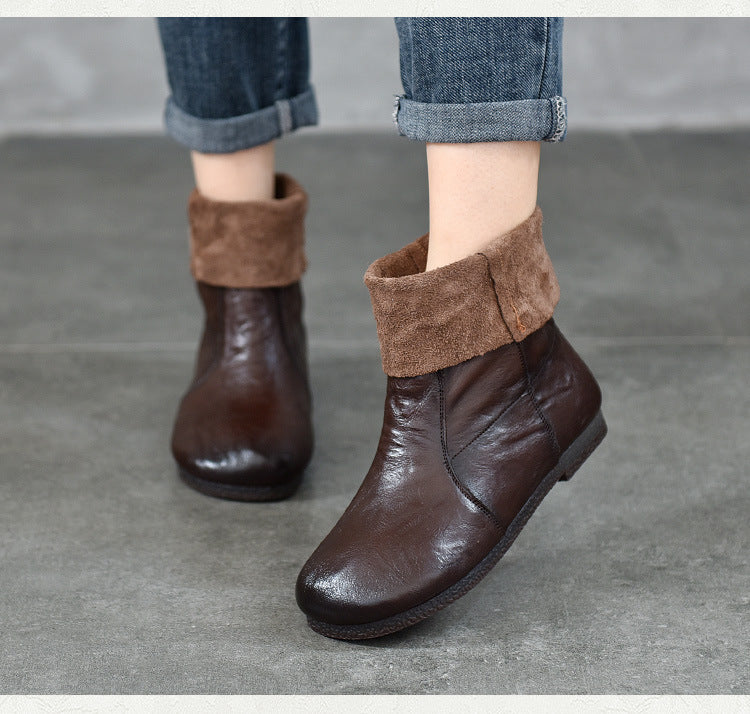 Women's Leather Round-Toe Calf Boots – Casual Comfortable Shoes