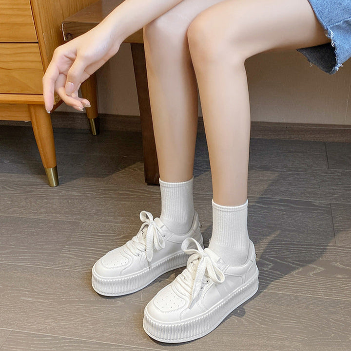 Women's Platform White Casual Lightweight Round Toe Lace Up Board Shoes