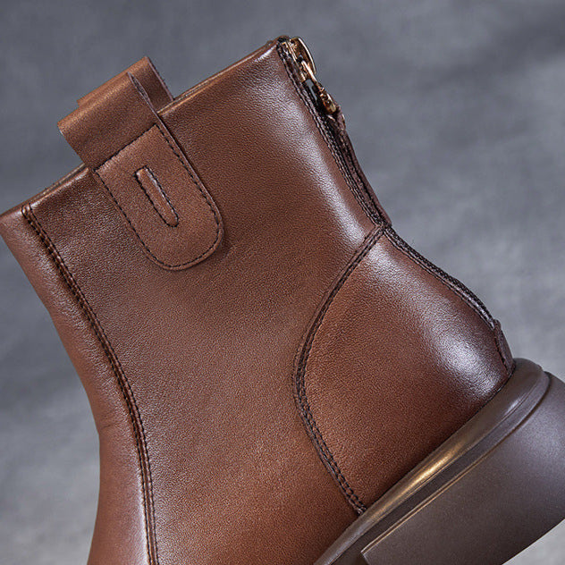 Women's Low Heel Casual Genuine Leather Boots with Back Zipper