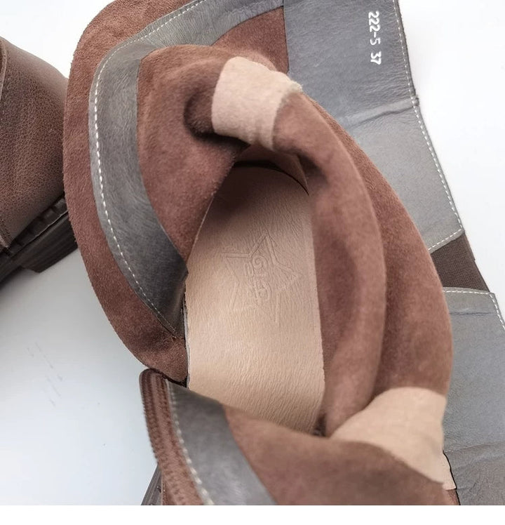 Women's Wide Toe Box Vintage Leather Suede Patchwork Knee-High Boots Wide Fit Flat Riding Boots