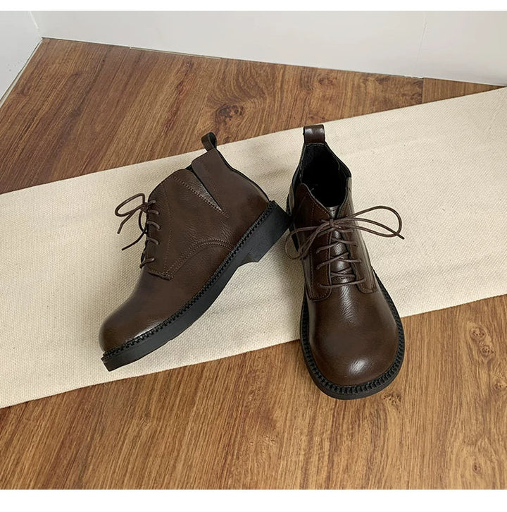 Women's Vegan Leather Ankle Boots Lace Up Casual Low Heel Booties Comfortable Walking Shoes
