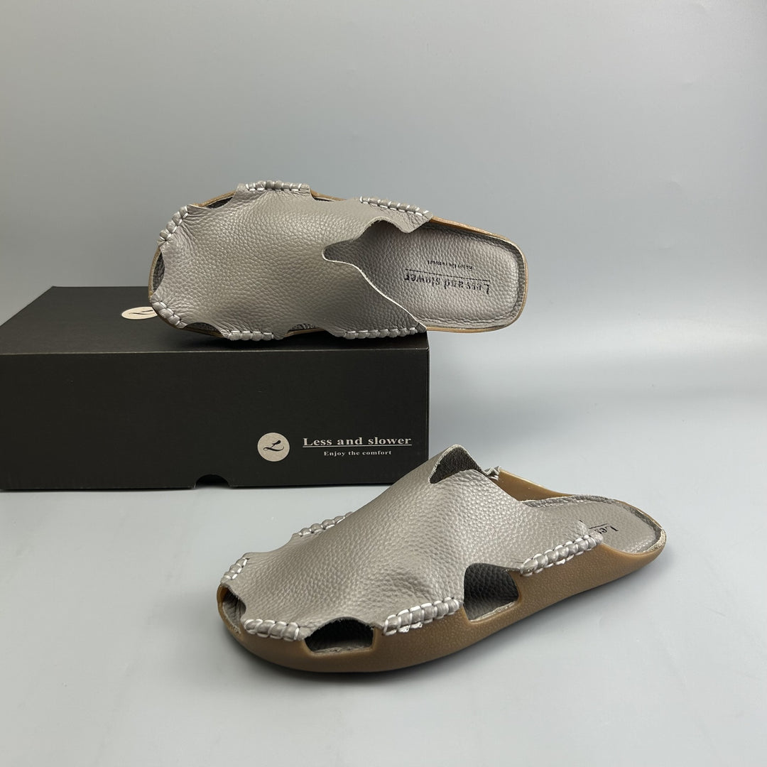 Women's Leather Mules - Soft Hand-Stitched Pebble Grain Flat Sandals Casual Summer Slip-On Slides