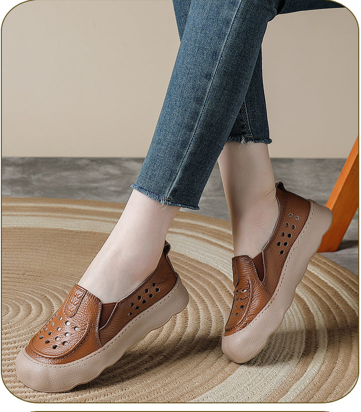 Women's Flats Vintage Hollow-Out Walking Shoes Leather Summer Loafers Retro Slip-On Platform Shoes