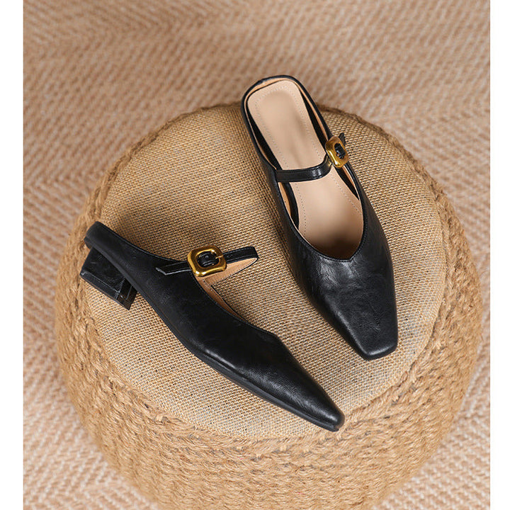 Women's Mary Jane Mules - Square Toe Gold Buckle Low Kitten Heel Slides