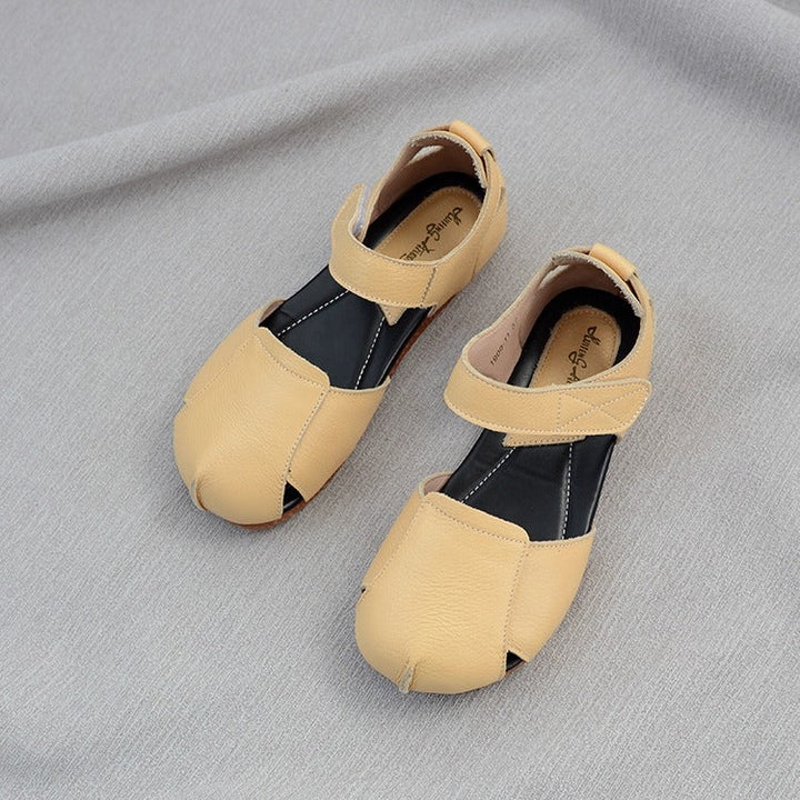 Women's Soft Leather Closed-Toe Velcro Sandals – Comfortable Flat Style