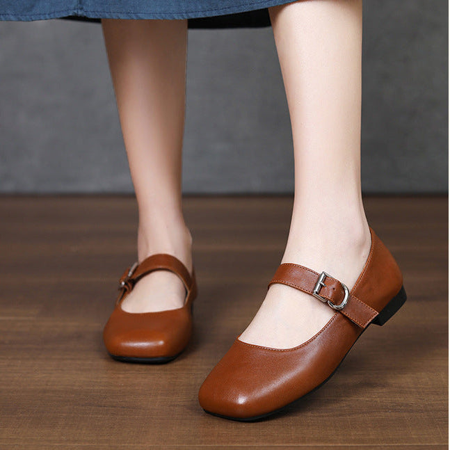 Women‘s Retro Leather Mary Jane Flats Vintage Square Toe Casual Ballet Shoes