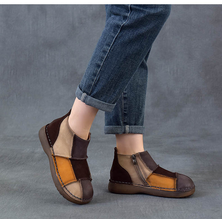 Women's Vintage Patchwork Leather Ankle Boots Hand-Stitched Flat Booties Zipper