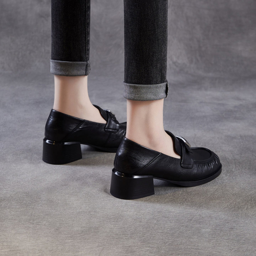 Women’s Sheepskin Leather Loafers – British Style Block Heel Mid Heel Shoes
