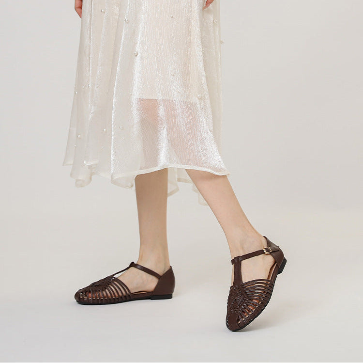 Women's Retro Gladiator Sandals T-Strap Woven Mary Jane Summer Lightweight Flats