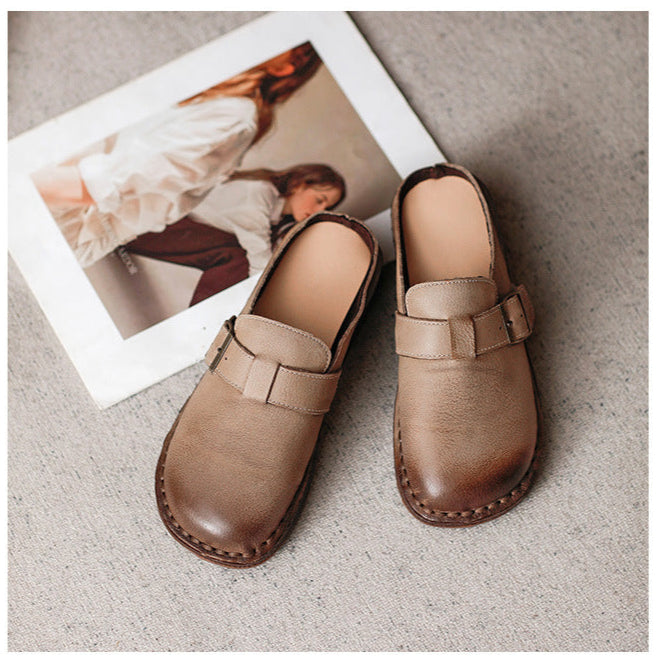 Wide Round Toe Leather Buckle With Decoration Flat Comfort Women's Mule Shoes