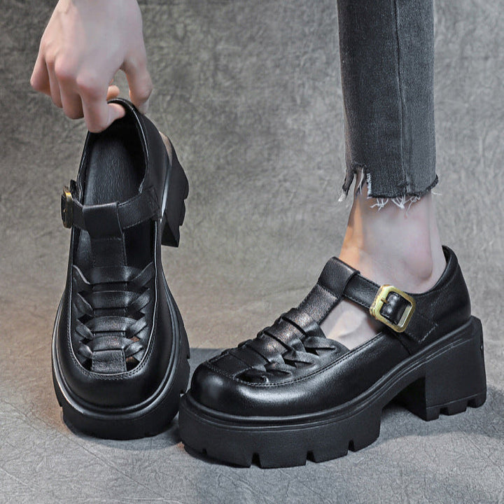 Women's Genuine Leather Fisherman Sandals - Chunky High Heel & Closed Toe Design