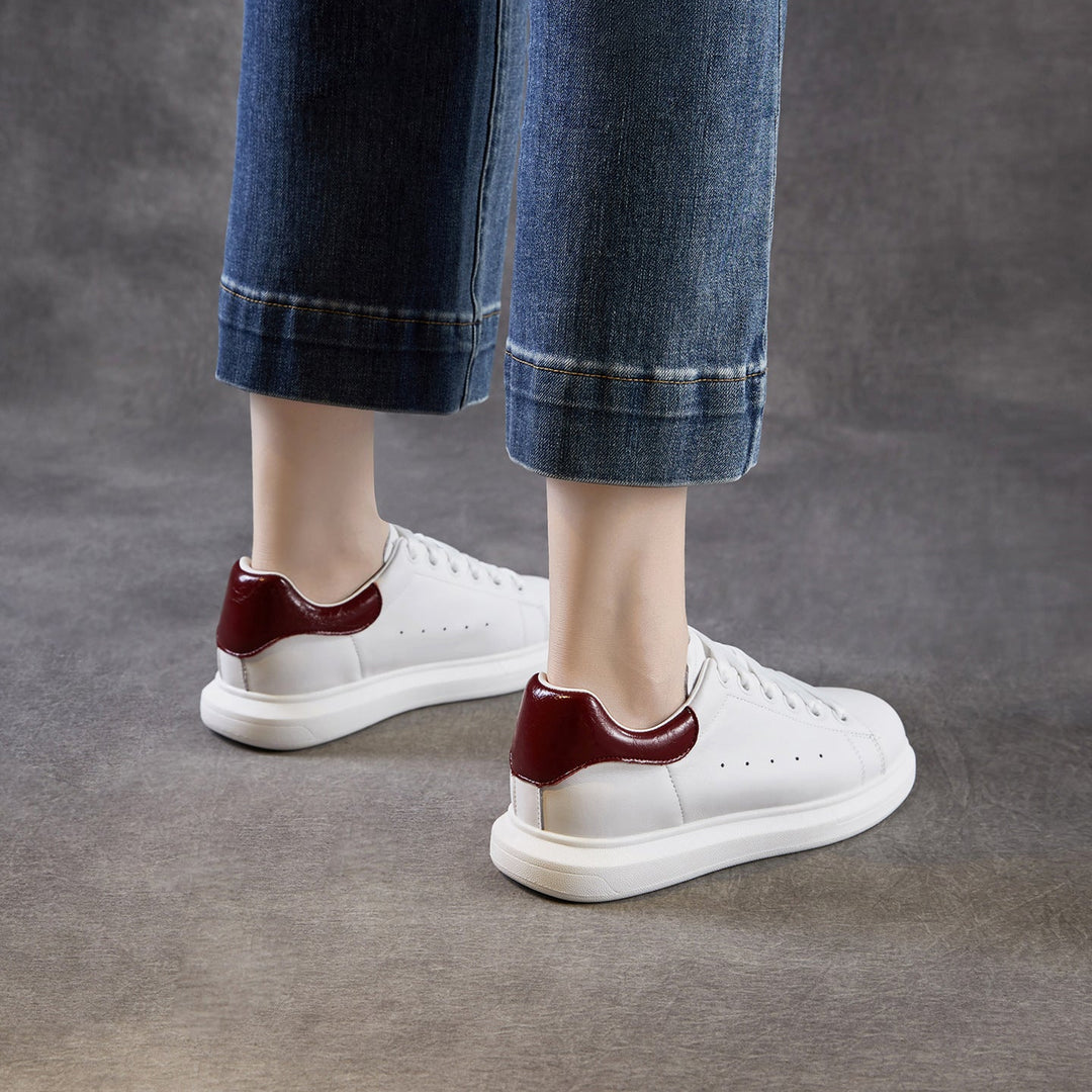 Women's Leather Casual Sneakers Spring Fall Round Toe Lace-up Platform Shoes