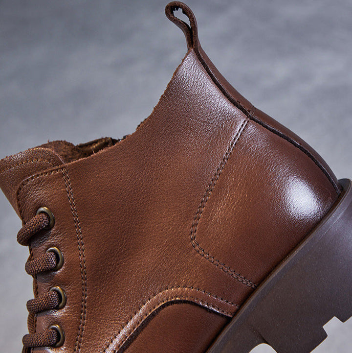 Women's Genuine Leather Casual Ankle Boots – Round Toe with Side Zipper