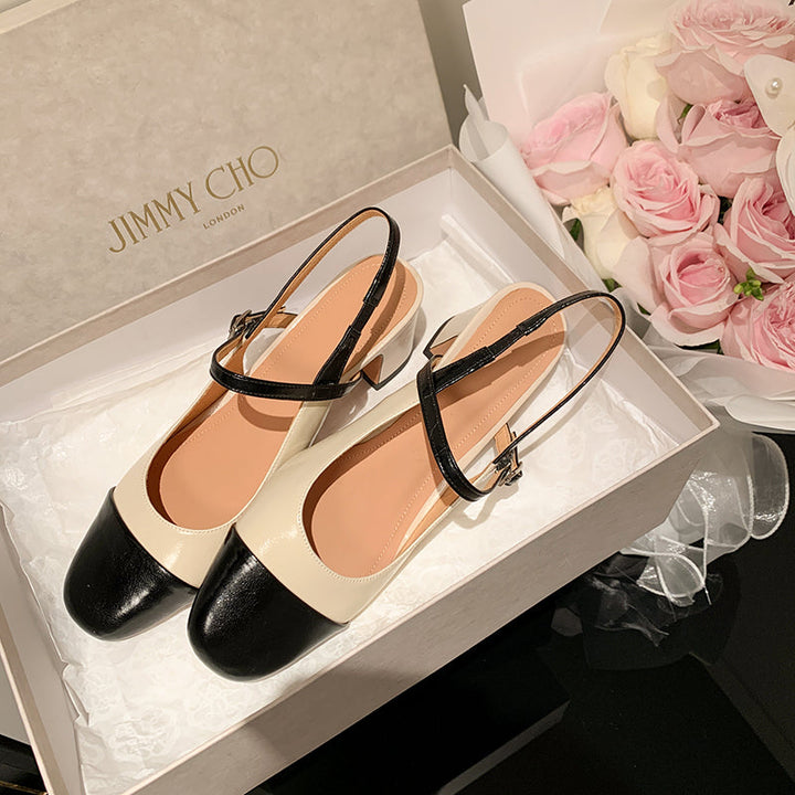 Women's Elegant French Patchwork Slip On Closed Toe Mid Heel Sandals