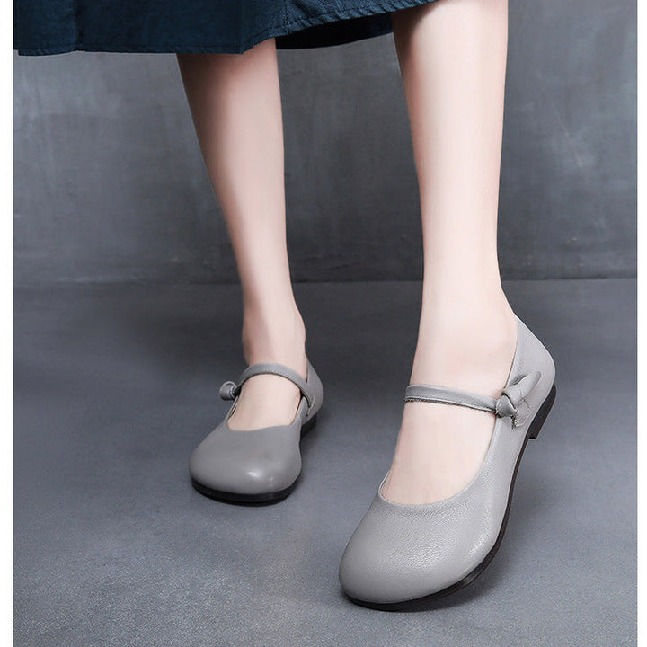 Women's Leather Mary Jane Flats - Vintage Round Toe Slip-On Ballet Flats with Bow Knot Strap Comfort Walking Shoes